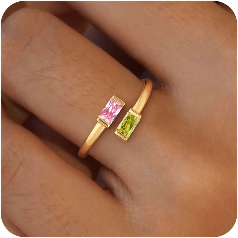 Honsny Gold Birthstone Rings for Women Non Tarnish 14K Gold Plated Adjustable Emerald Ring Cubic Zirconia Gemstone Promise Ring for Her Engagement Personalized Waterproof Jewelry Gifts for Birthday - Image 1